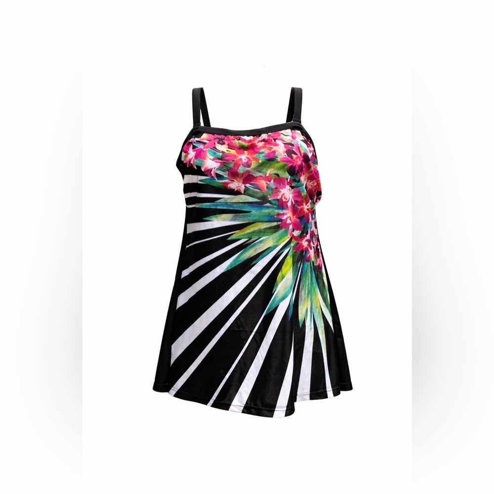 Maxine of Hollywood Skirted One Piece Swimsuit Floral Pink Green Black Size 12
